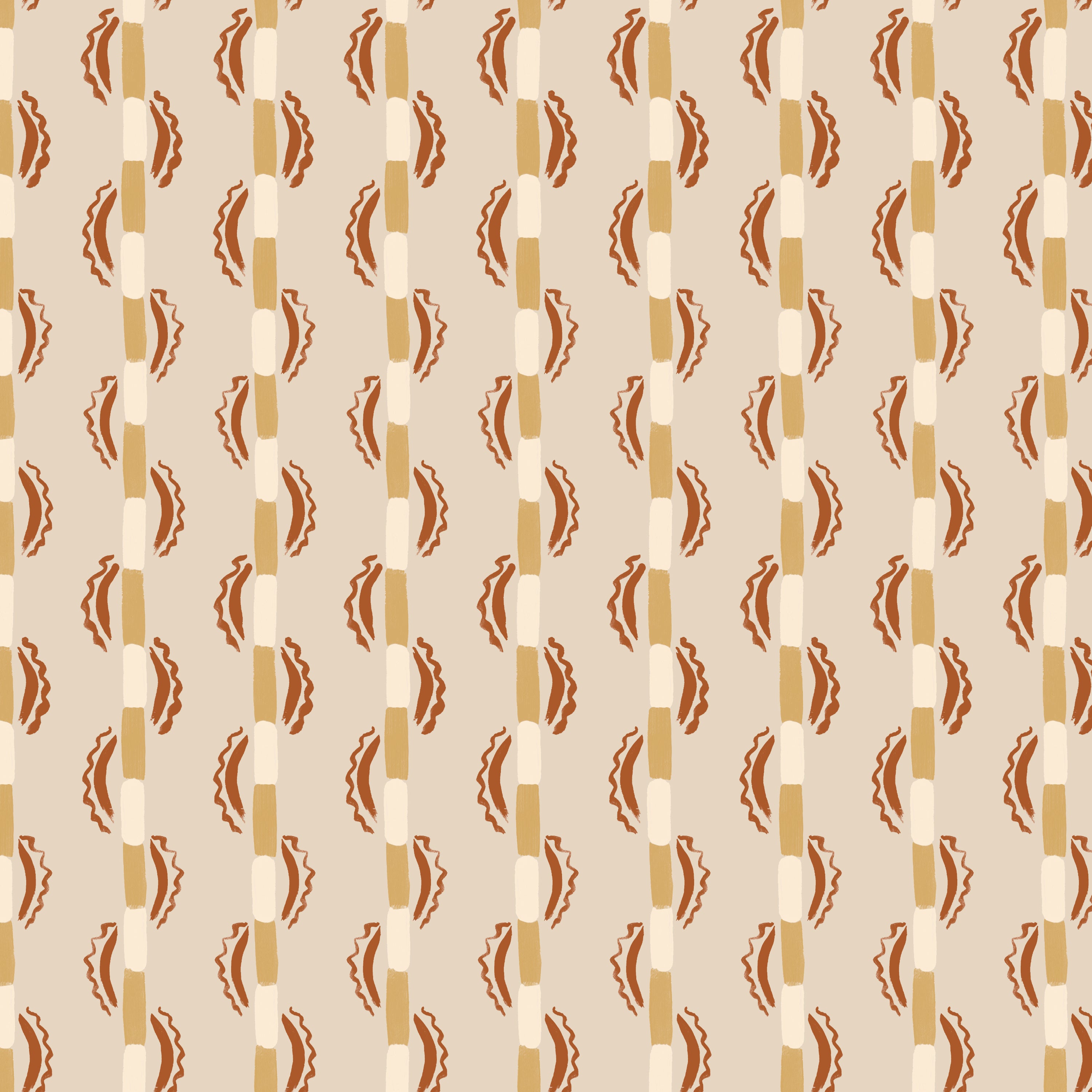 Painterly wavy stripe wallpaper in orange and yellow on a beige field. 
