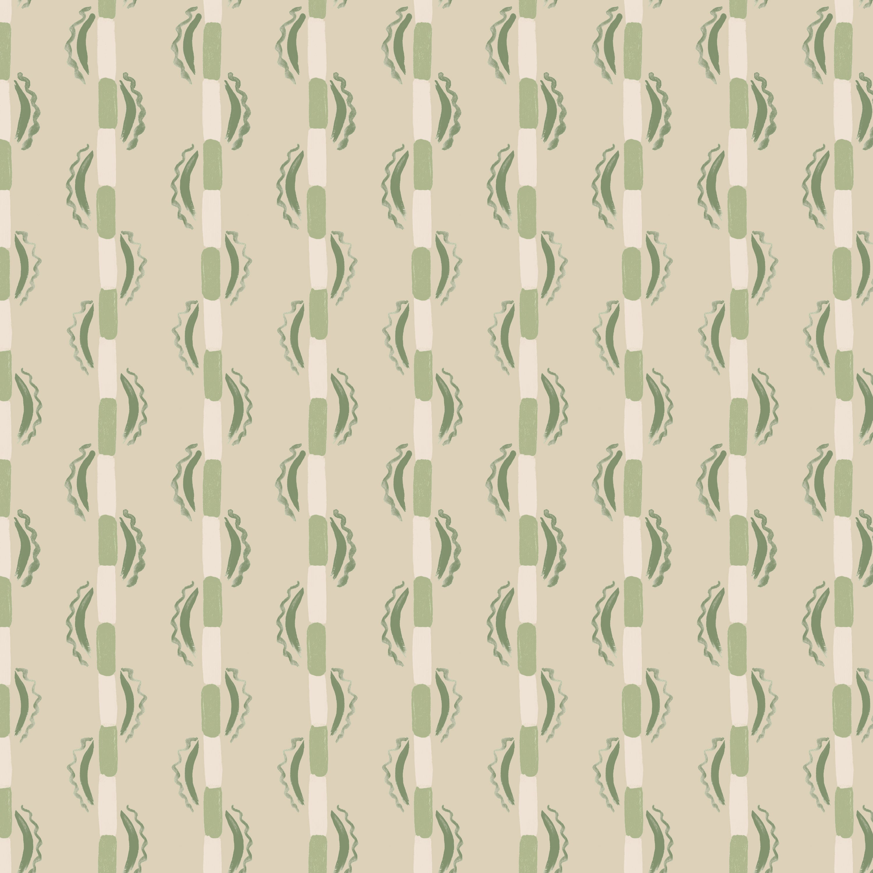 Painterly wavy stripe wallpaper in shades of light green on a light green field. 