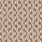 Painterly wavy stripe wallpaper in green and eggplant purple on a pink field. 