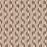 Painterly wavy stripe wallpaper in green and eggplant purple on a pink field. 