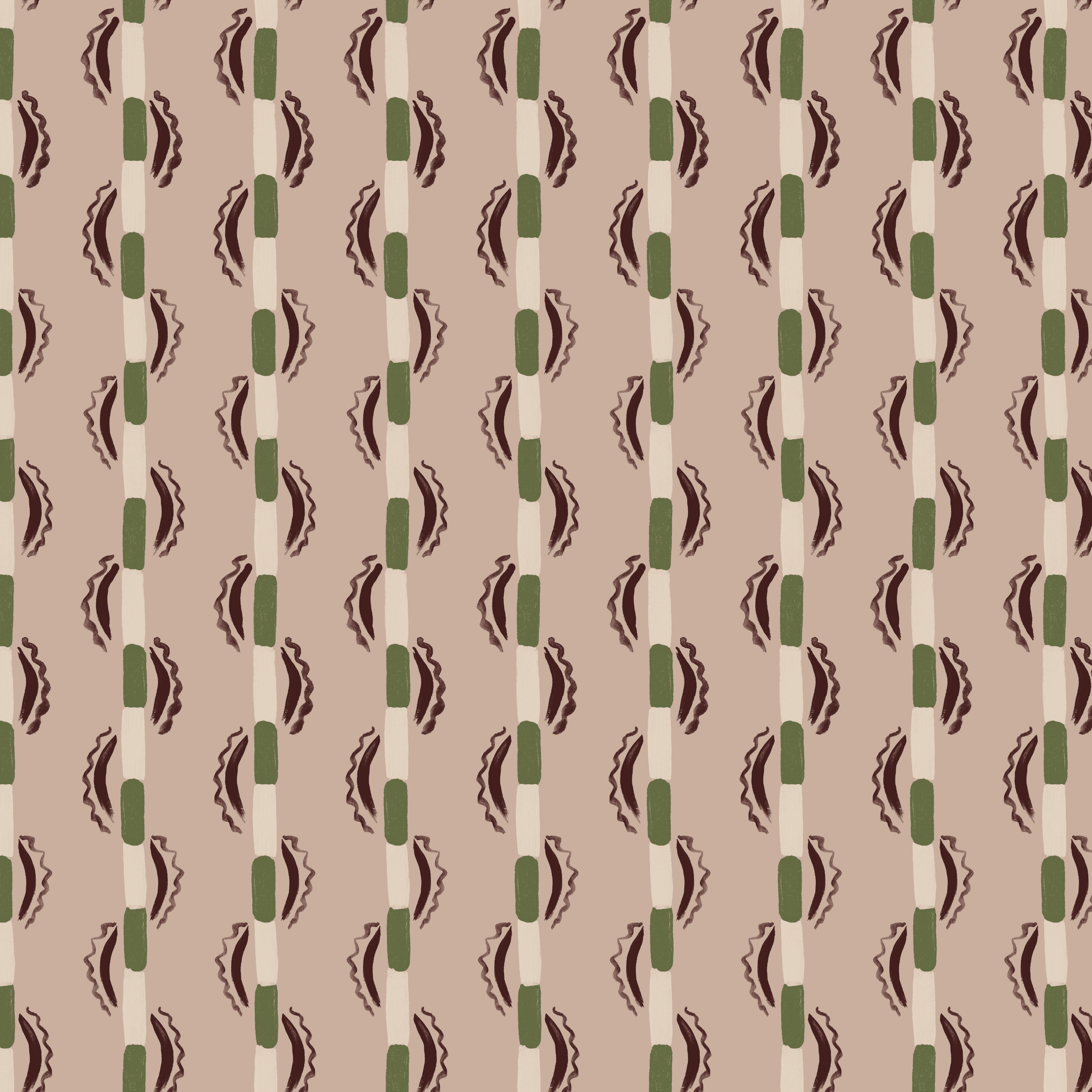 Painterly wavy stripe wallpaper in green and eggplant purple on a pink field. 