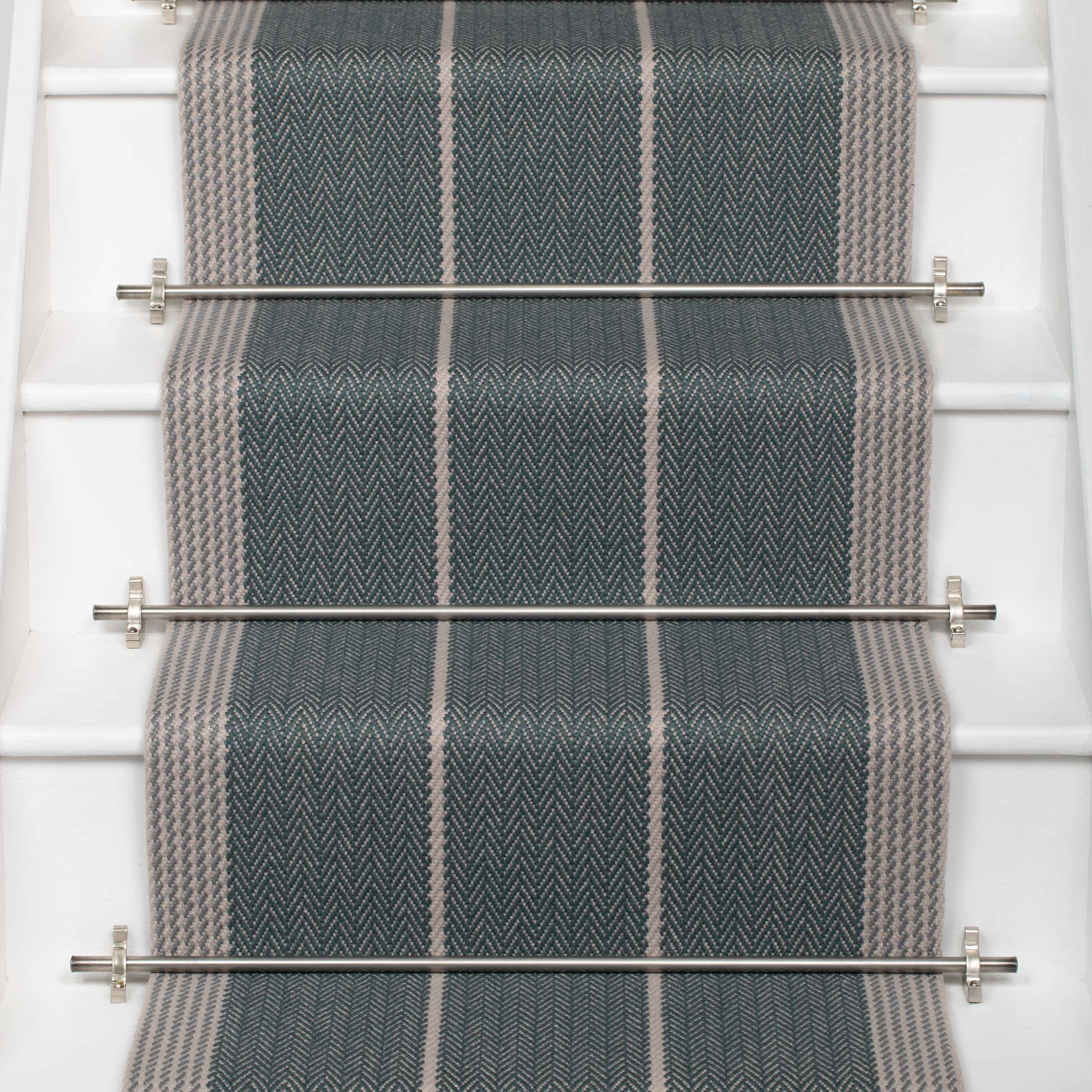 Striped flatweave runner in slate and grey on white staircase