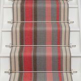 Striped flatweave runner in pink red grey and cream on white staircase