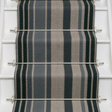 Striped flatweave runner in slate grey and cream on white staircase