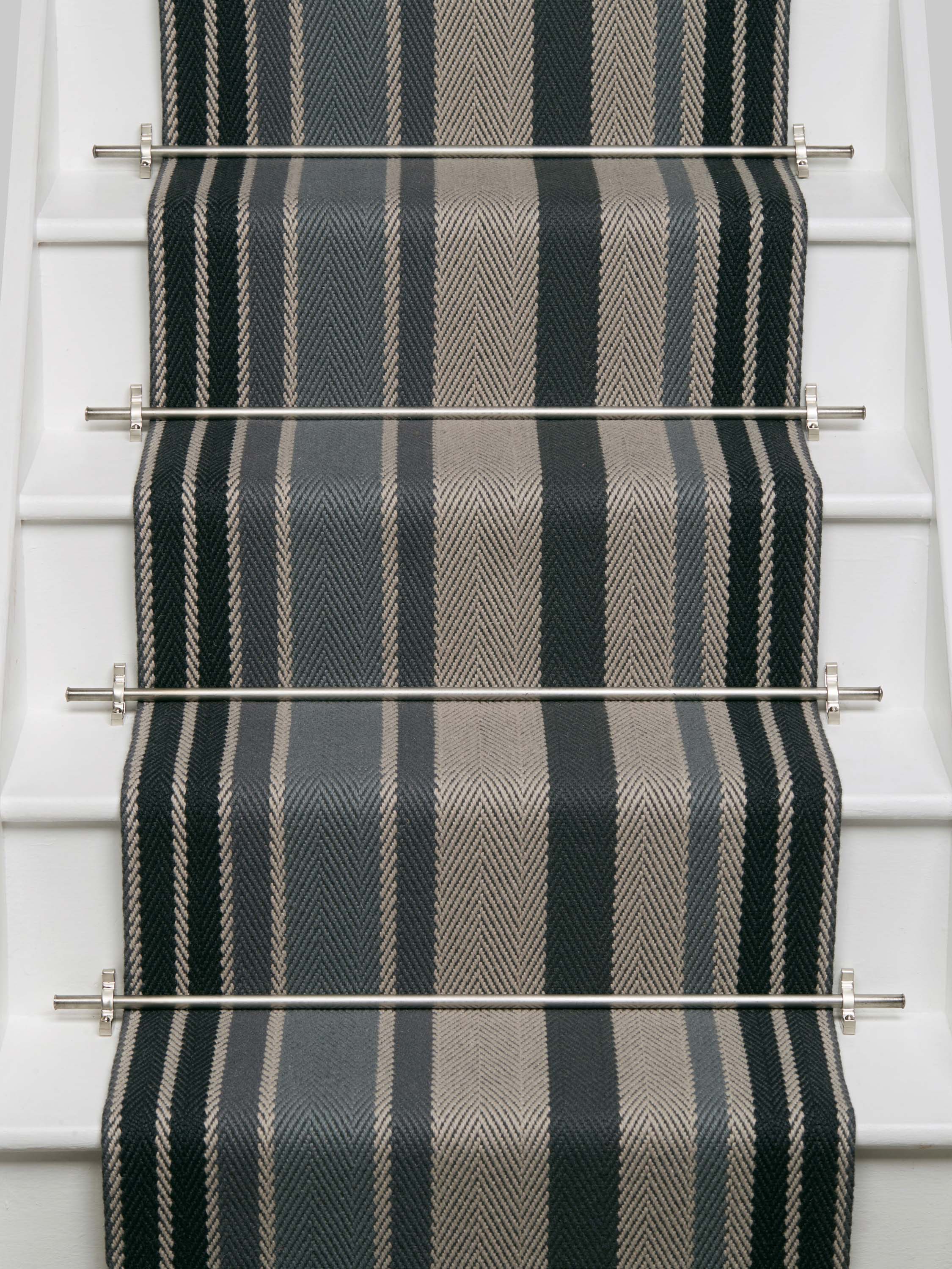 Striped flatweave runner in slate grey and cream on white staircase