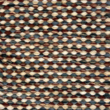 Textured handwoven rug with a strié pattern in brown, beige, and blue colors.