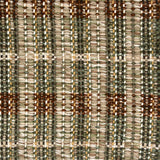 Close-up of a textured brown, green and beige plaid woven rug. 