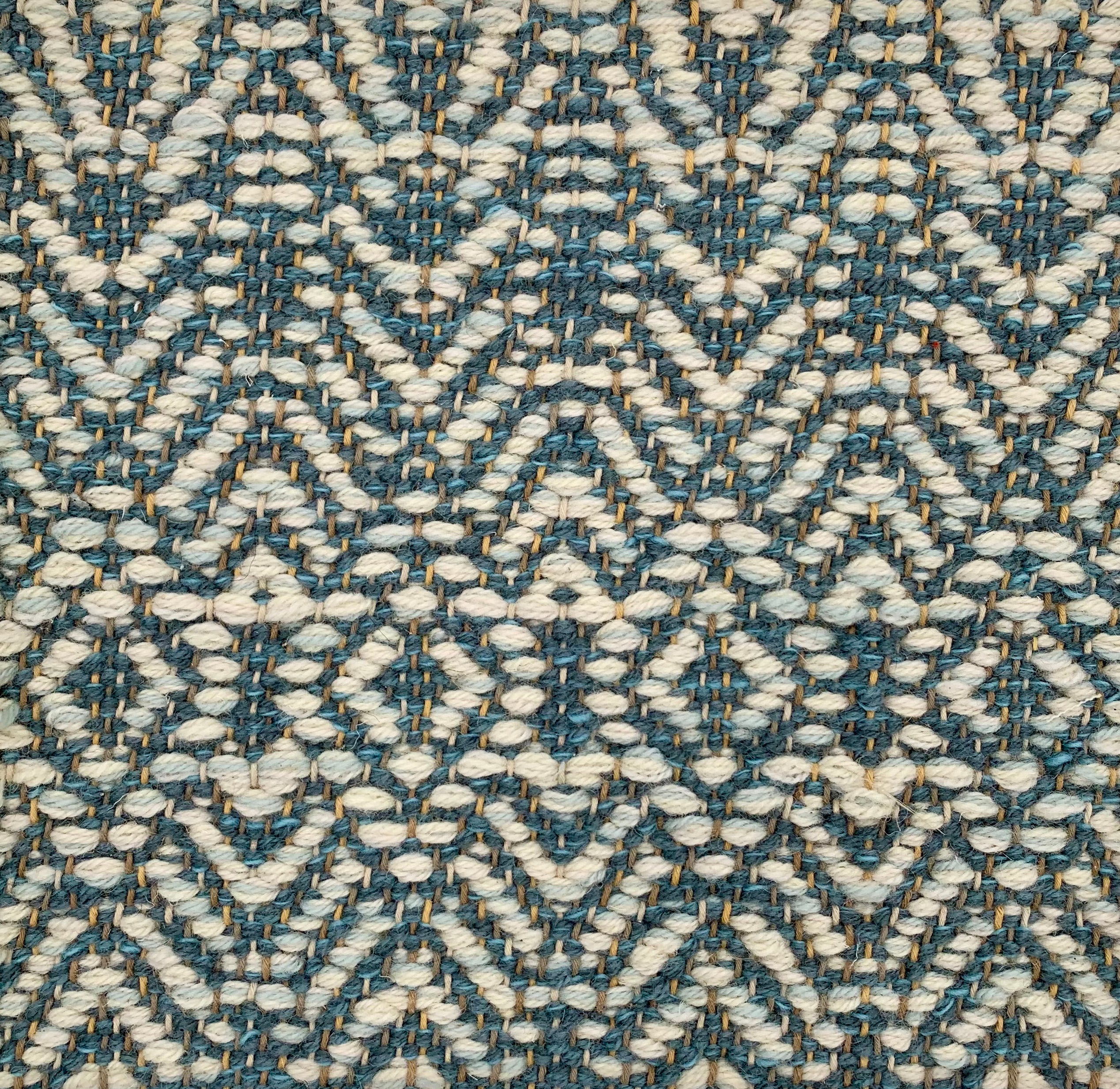 Handwoven rug detail in a contemporary design in turquoise, cream and yellow