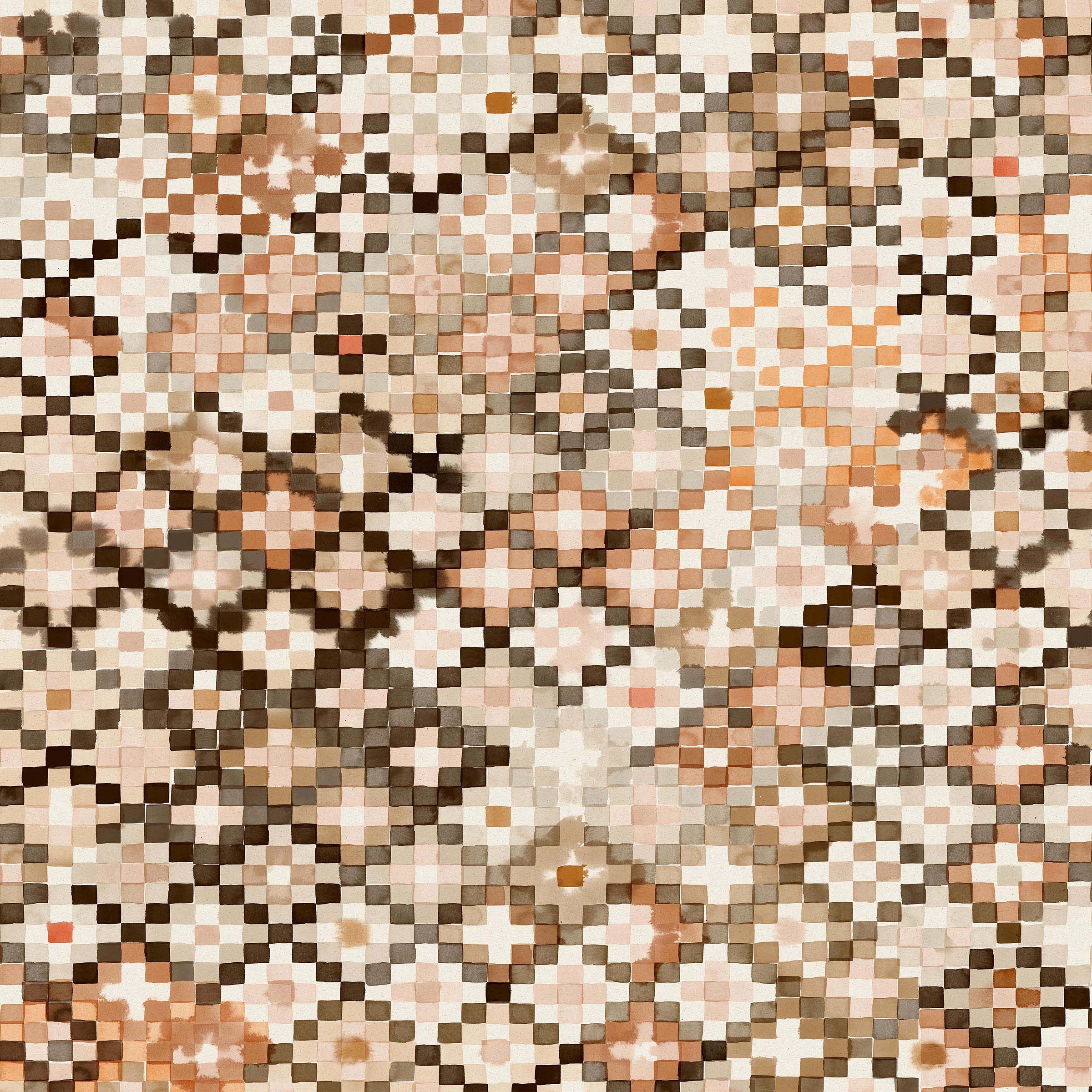 Detail of fabric in a painterly small-scale diamond print in shades of cream, brown and orange.