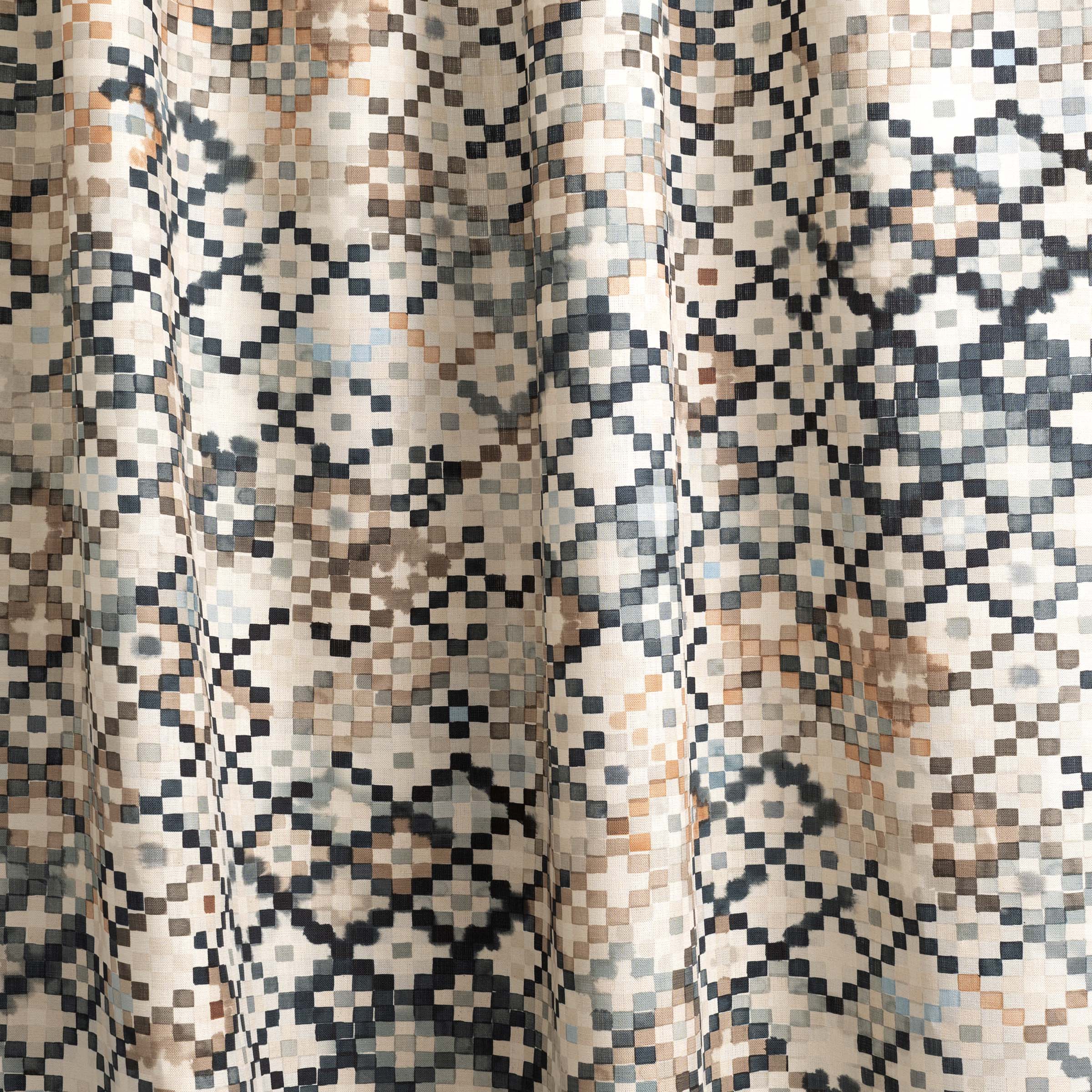 Draped fabric yardage in a painterly small-scale diamond print in shades of cream, brown, blue and gray.