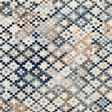 Detail of fabric in a painterly small-scale diamond print in shades of cream, brown, blue and gray.