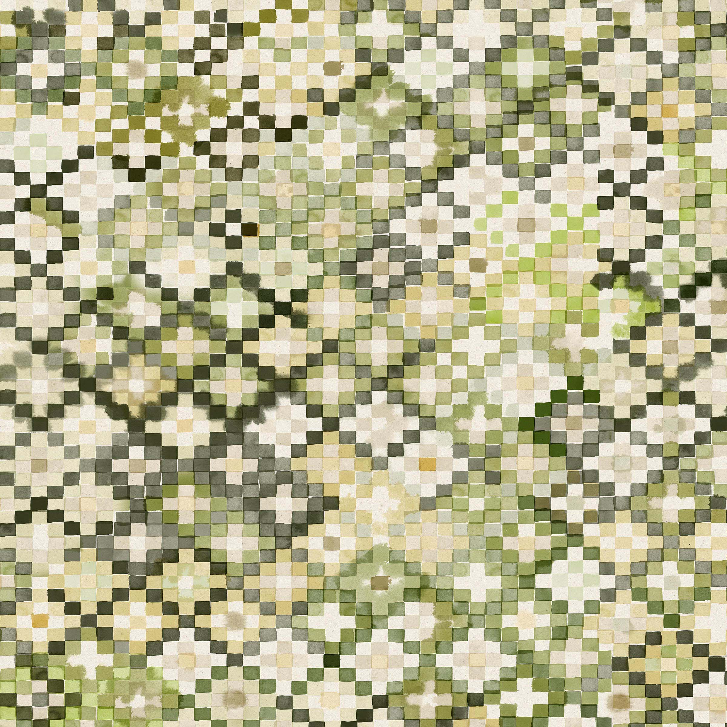 Detail of fabric in a painterly small-scale diamond print in shades of cream, green and gray.