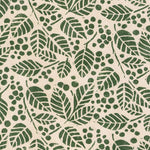 Detail of wallpaper in a repeating leaf print in dark green on a cream field.