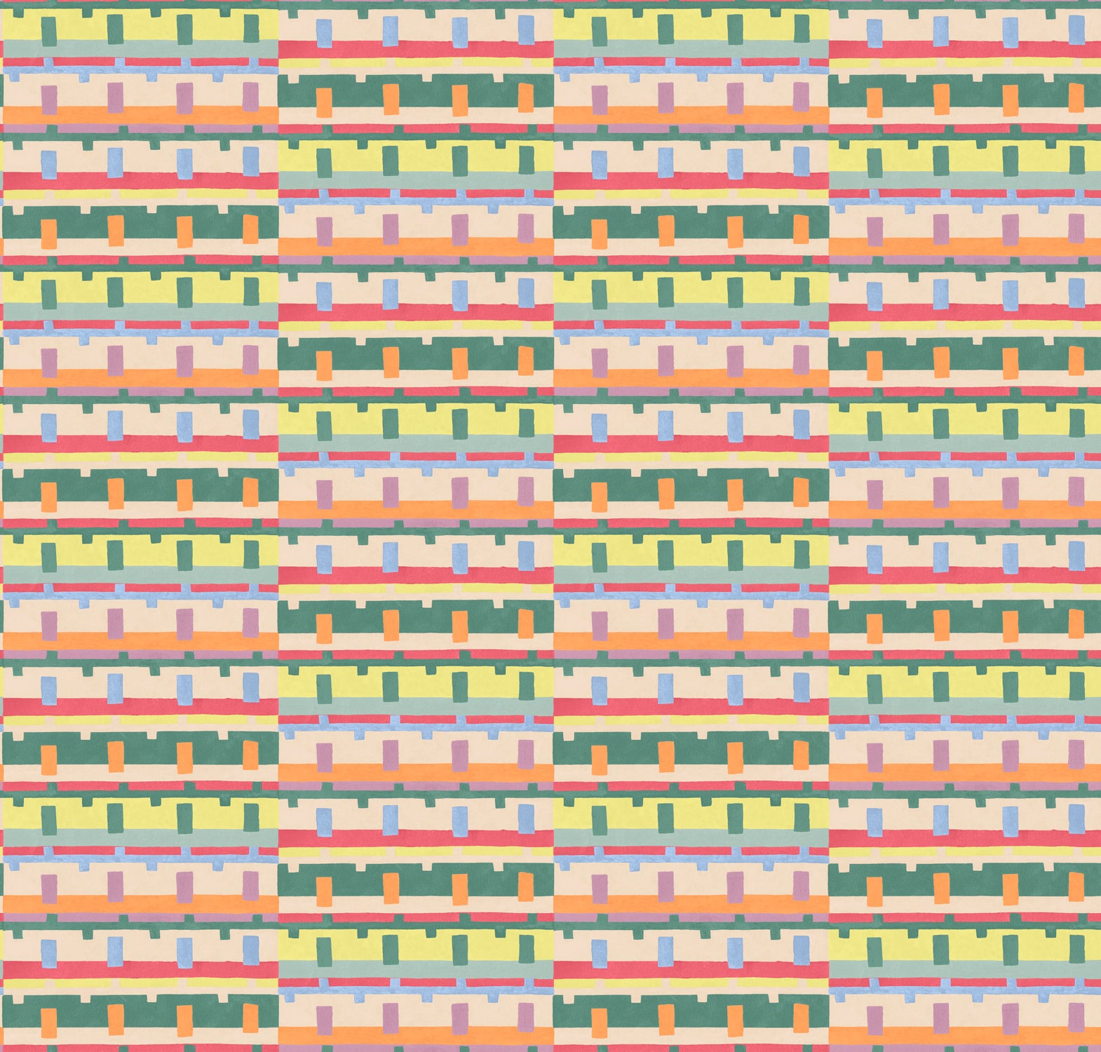 Detail of wallpaper in a playful geometric grid print in shades of pink, orange and green.