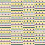 Detail of wallpaper in a playful geometric grid print in shades of purple, yellow and green.