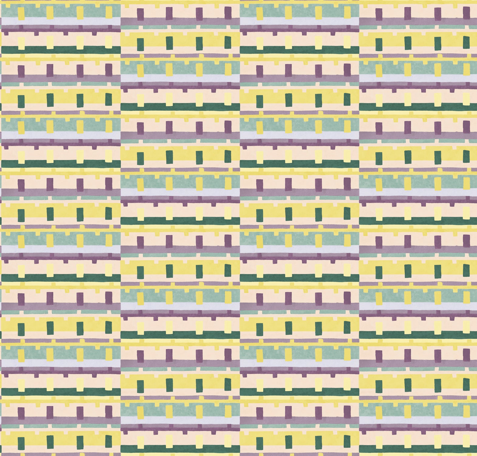 Detail of wallpaper in a playful geometric grid print in shades of purple, yellow and green.