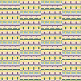 Detail of wallpaper in a playful geometric grid print in shades of purple, yellow and green.