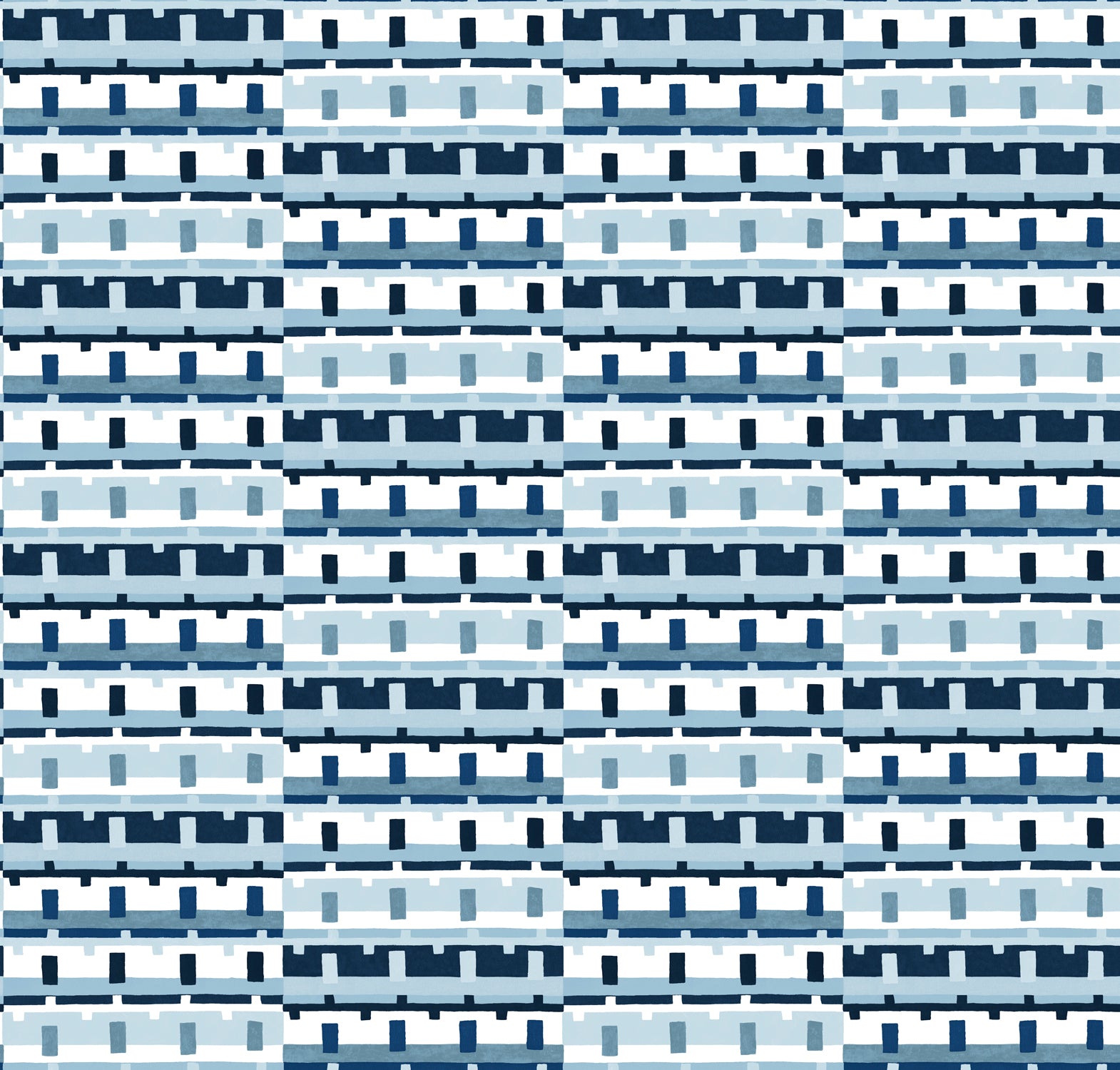 Detail of wallpaper in a playful geometric grid print in shades of blue, navy and white.