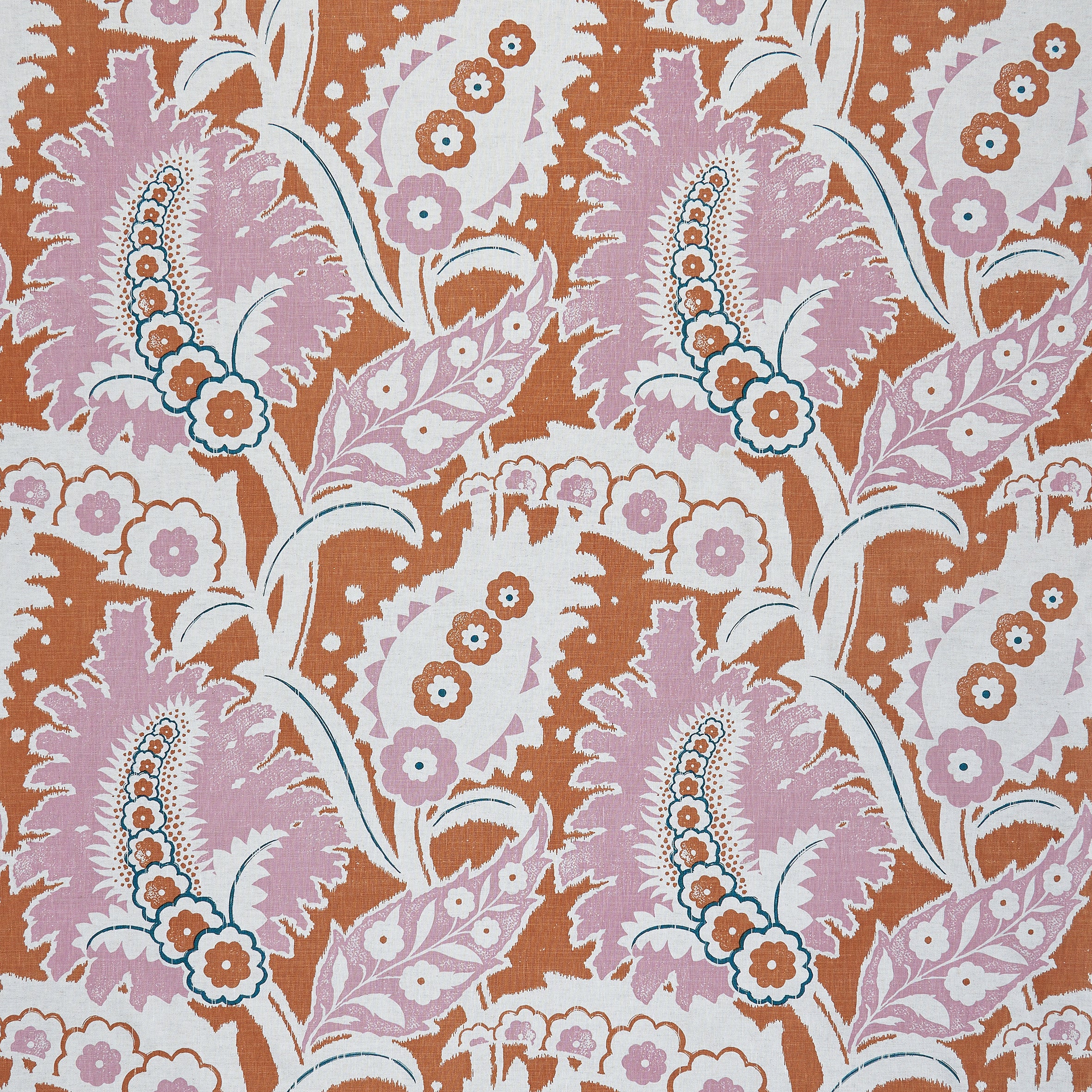 Detail of fabric in a botanical paisley print in shades of white, pink and navy on a purple field.