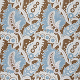 Detail of fabric in a botanical paisley print in shades of white, blue and purple on a brown field.