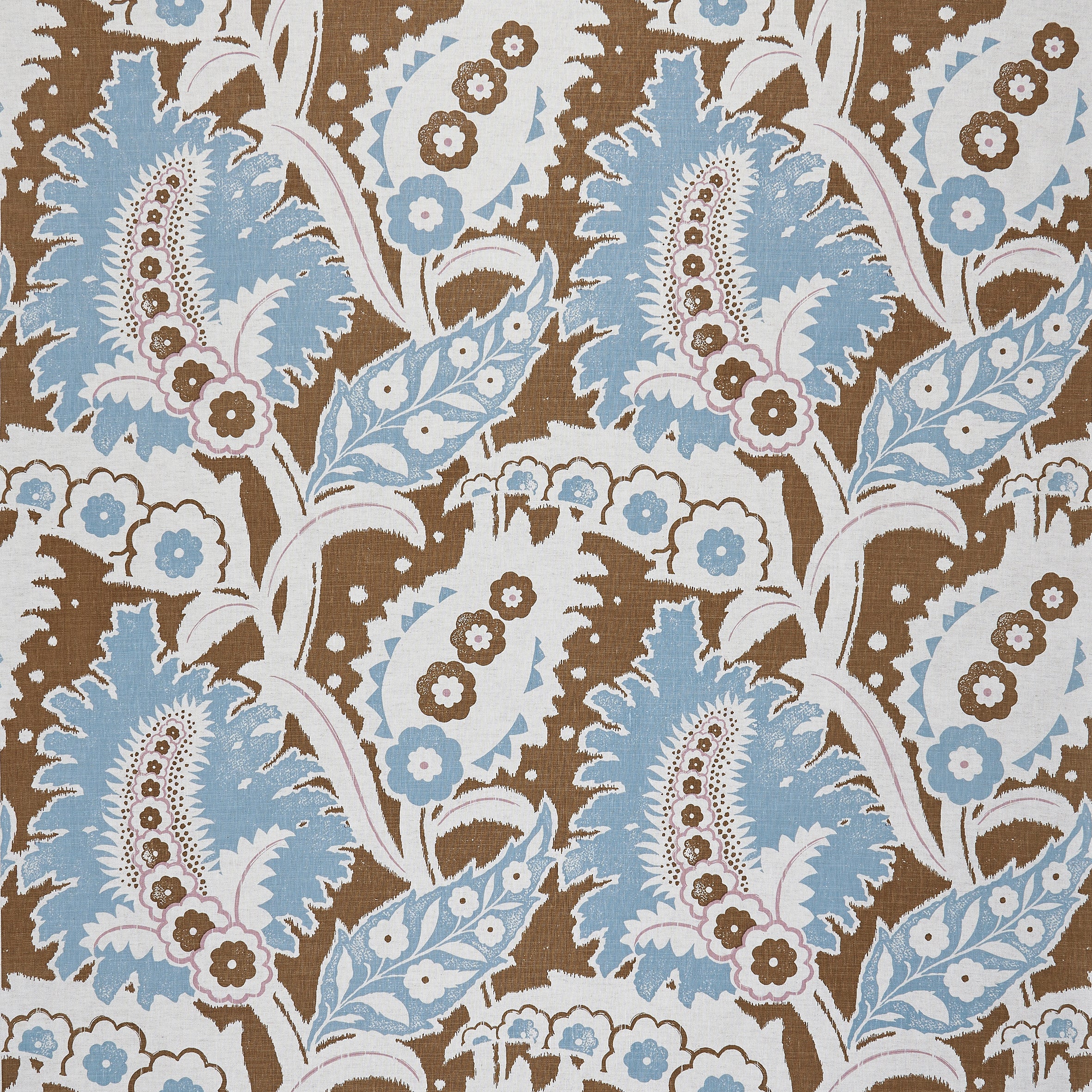 Detail of fabric in a botanical paisley print in shades of white, blue and purple on a brown field.