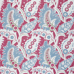 Detail of fabric in a botanical paisley print in shades of white, blue and green on a pink field.