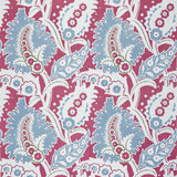 Detail of fabric in a botanical paisley print in shades of white, blue and green on a pink field.