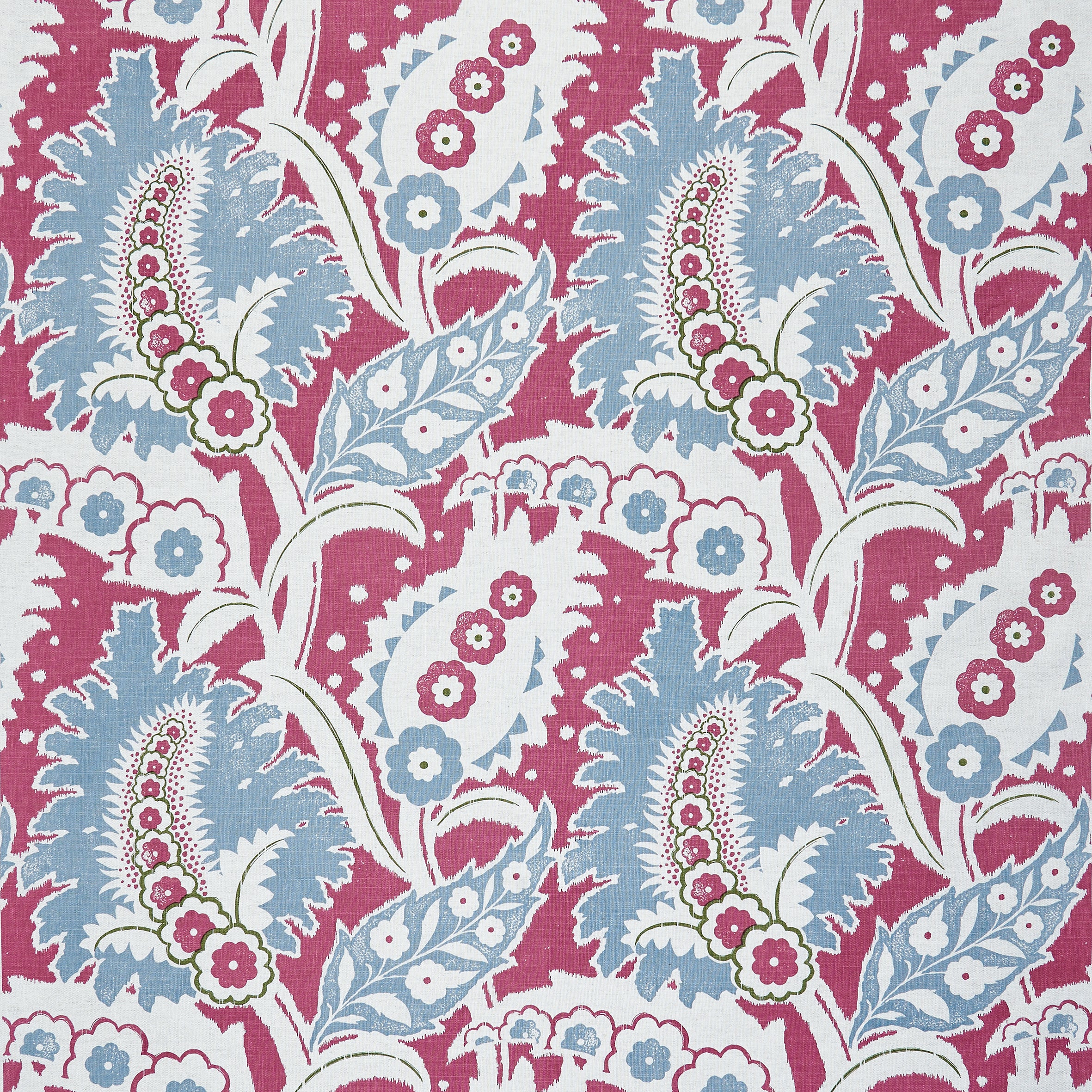 Detail of fabric in a botanical paisley print in shades of white, blue and green on a pink field.