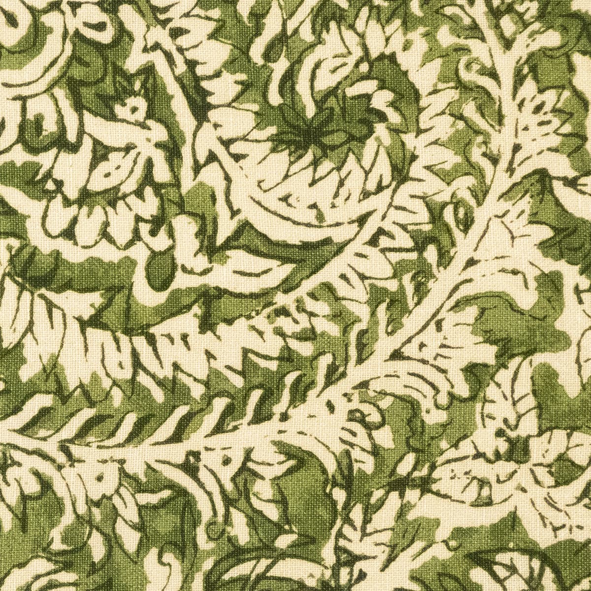 Detail of fabric in a floral paisley print shades of green on a cream field.