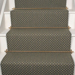 Solid flatweave runner in grey and green on white staircase