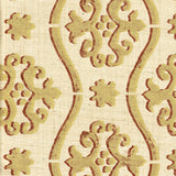 Detail of fabric in a damask stripe print in tan and dark red on a cream field.