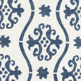 Detail of fabric in a damask stripe print in navy on a white field.