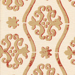 Detail of fabric in a damask stripe print in tan and red on a cream field.