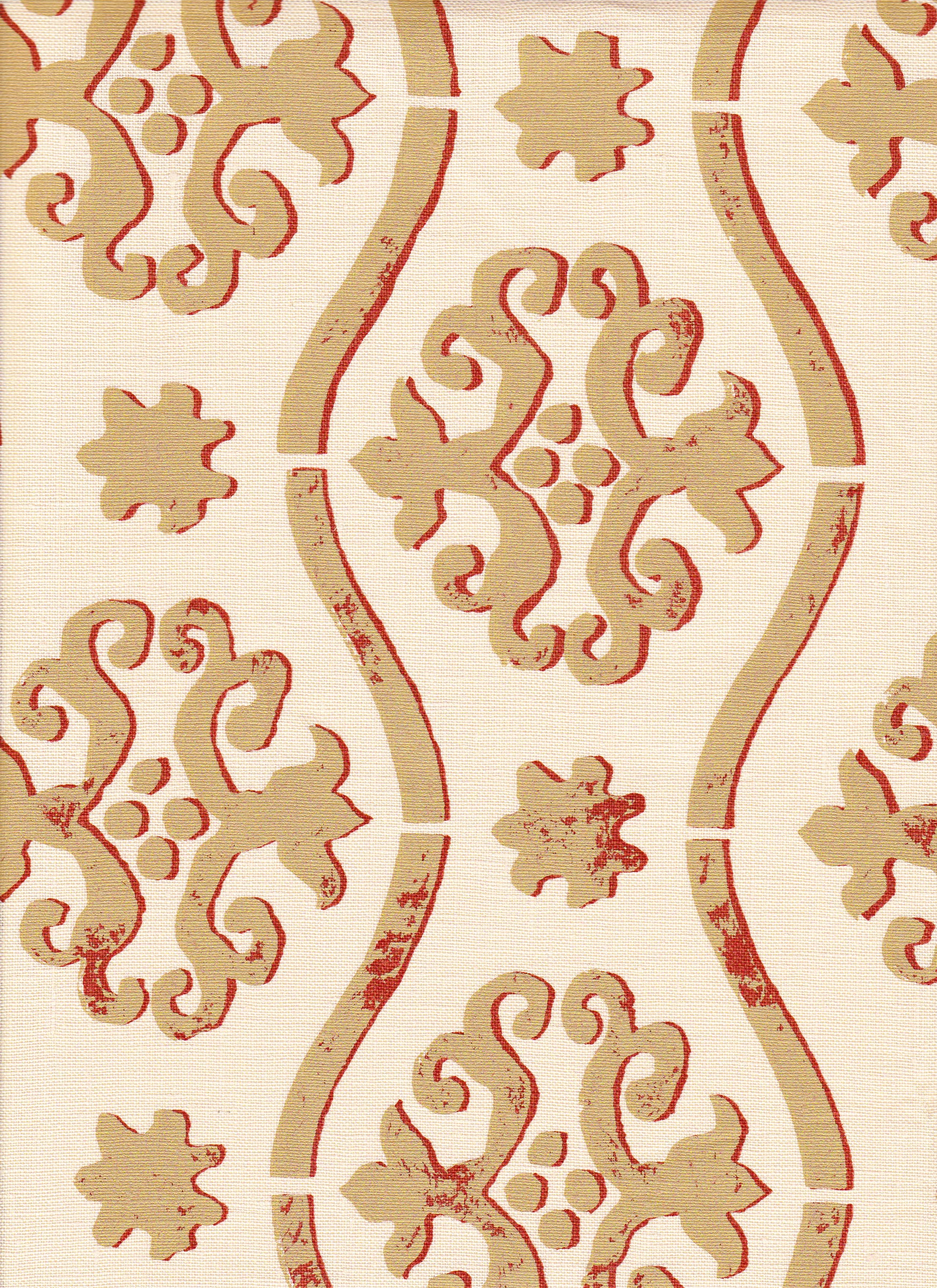 Detail of fabric in a damask stripe print in tan and red on a cream field.