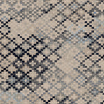 Detail of wallpaper in a diamond checked pattern in shades of cream, blue and gray.