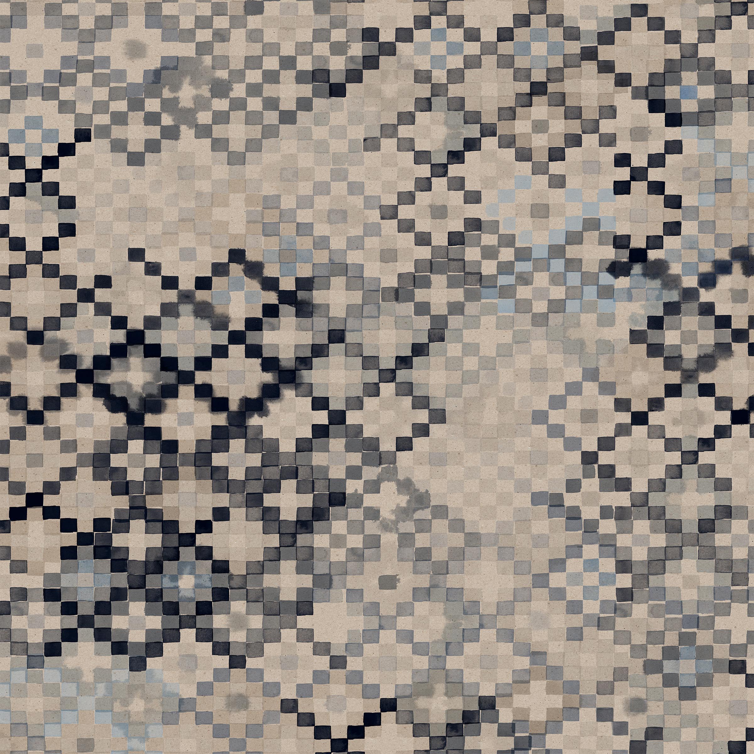 Detail of wallpaper in a diamond checked pattern in shades of cream, blue and gray.
