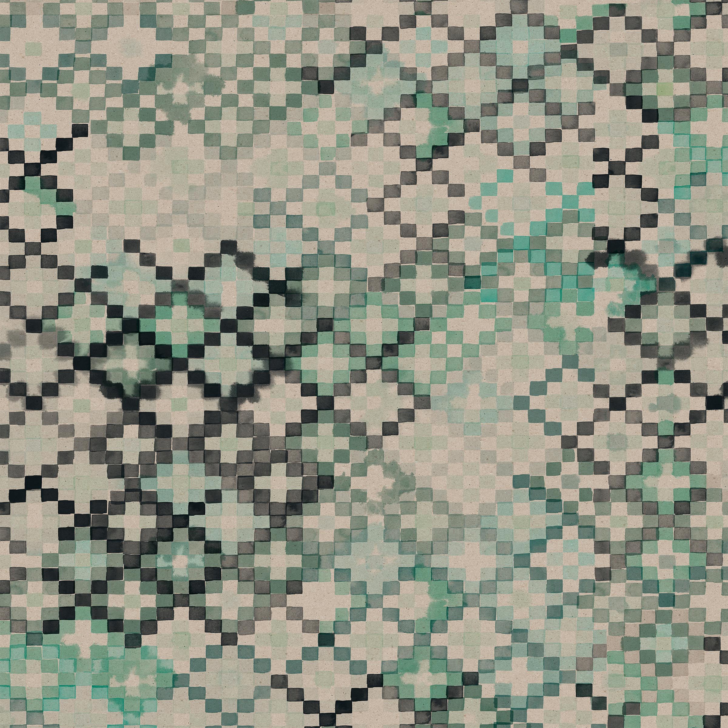 Detail of wallpaper in a diamond checked pattern in shades of cream, gray and green.