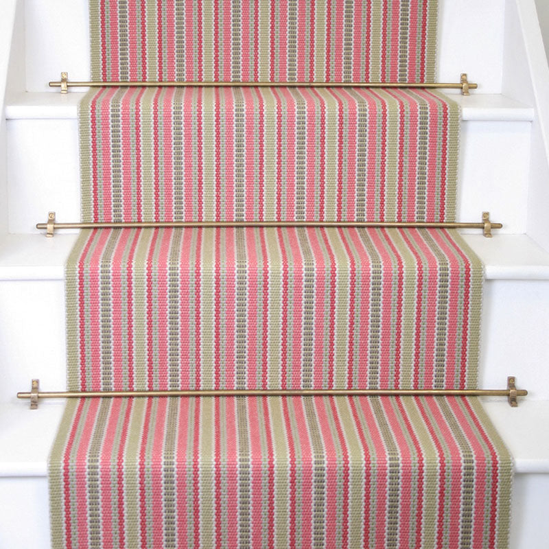 Striped flatweave runner in pink crem and grey on white staircase