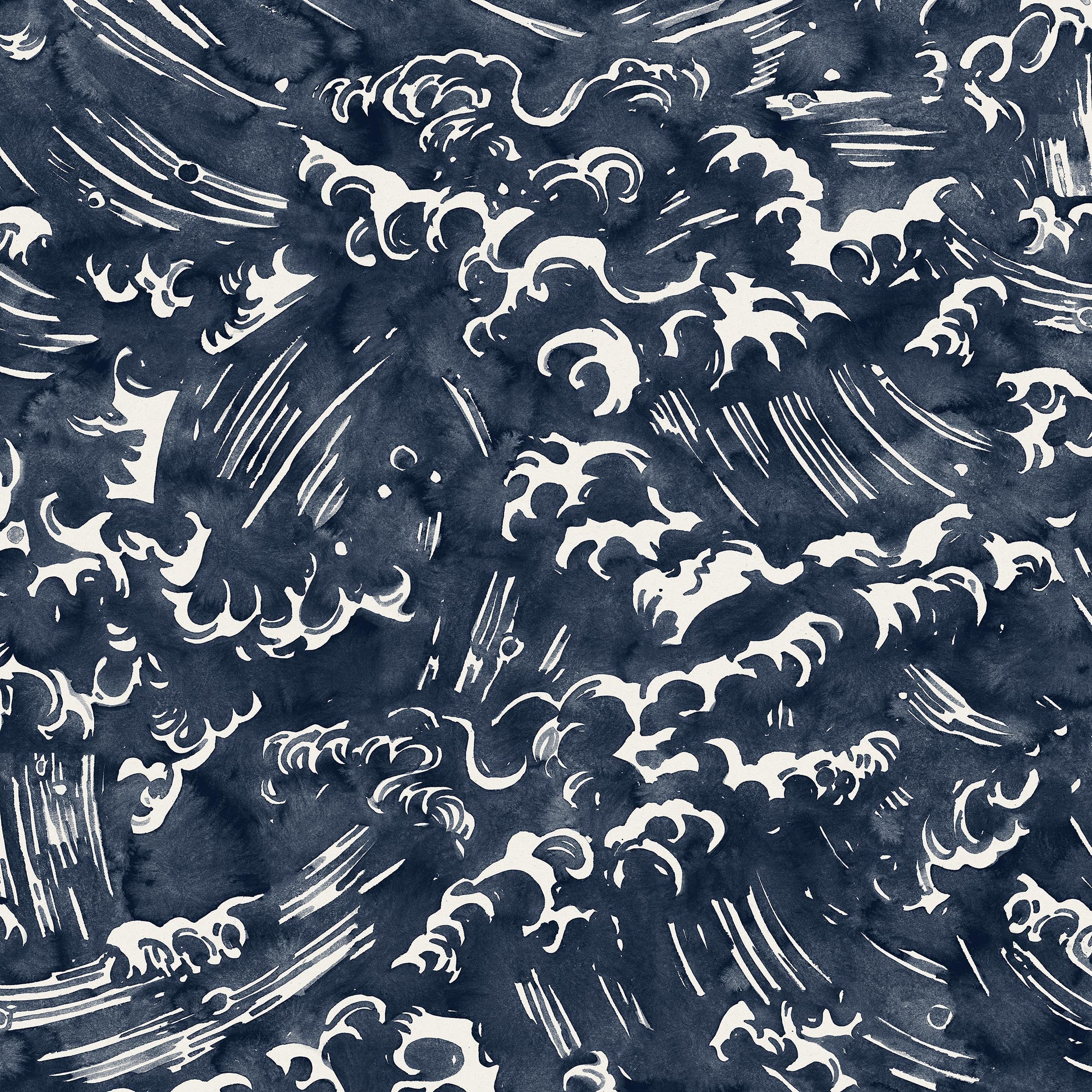 Detail of wallpaper in a playful wave print in white on a navy watercolor field.