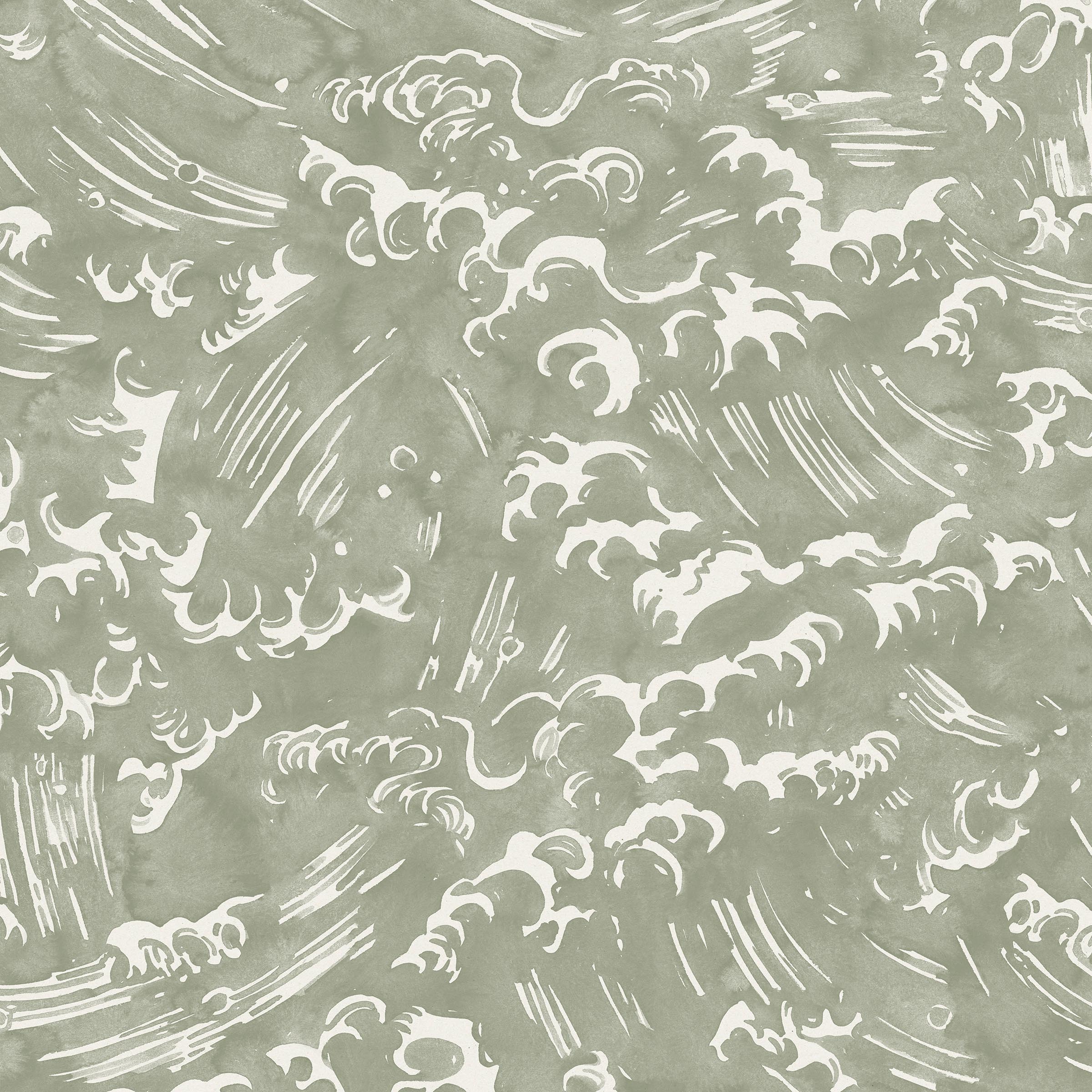 Detail of fabric in a playful wave print in white on a light green watercolor field.