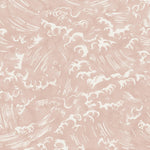 Detail of fabric in a playful wave print in white on a light pink watercolor field.