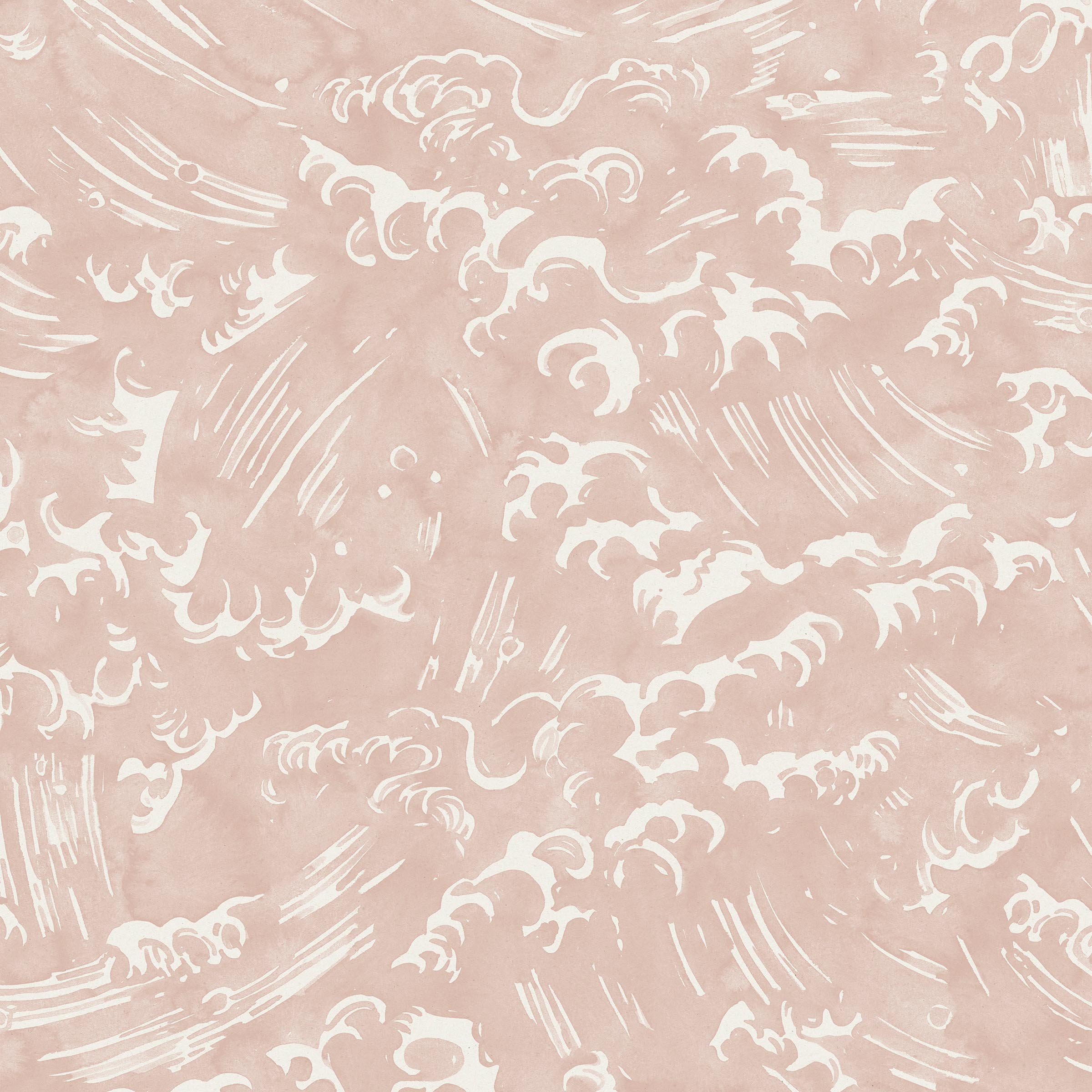 Detail of wallpaper in a playful wave print in white on a light pink watercolor field.