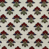 Pattern of stylized flowers with red centers and green leaves on a white background