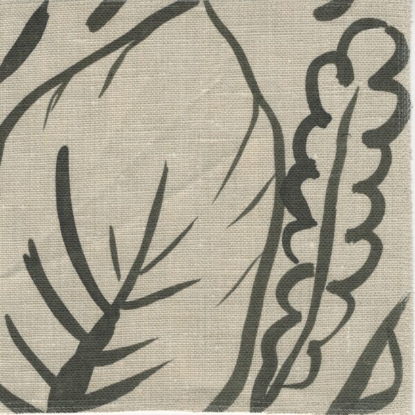 Fabric in a painterly botanical print in charcoal on a tan field.