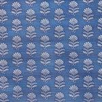 Detail of fabric in a repeating thistle print in navy and light blue on a blue field.