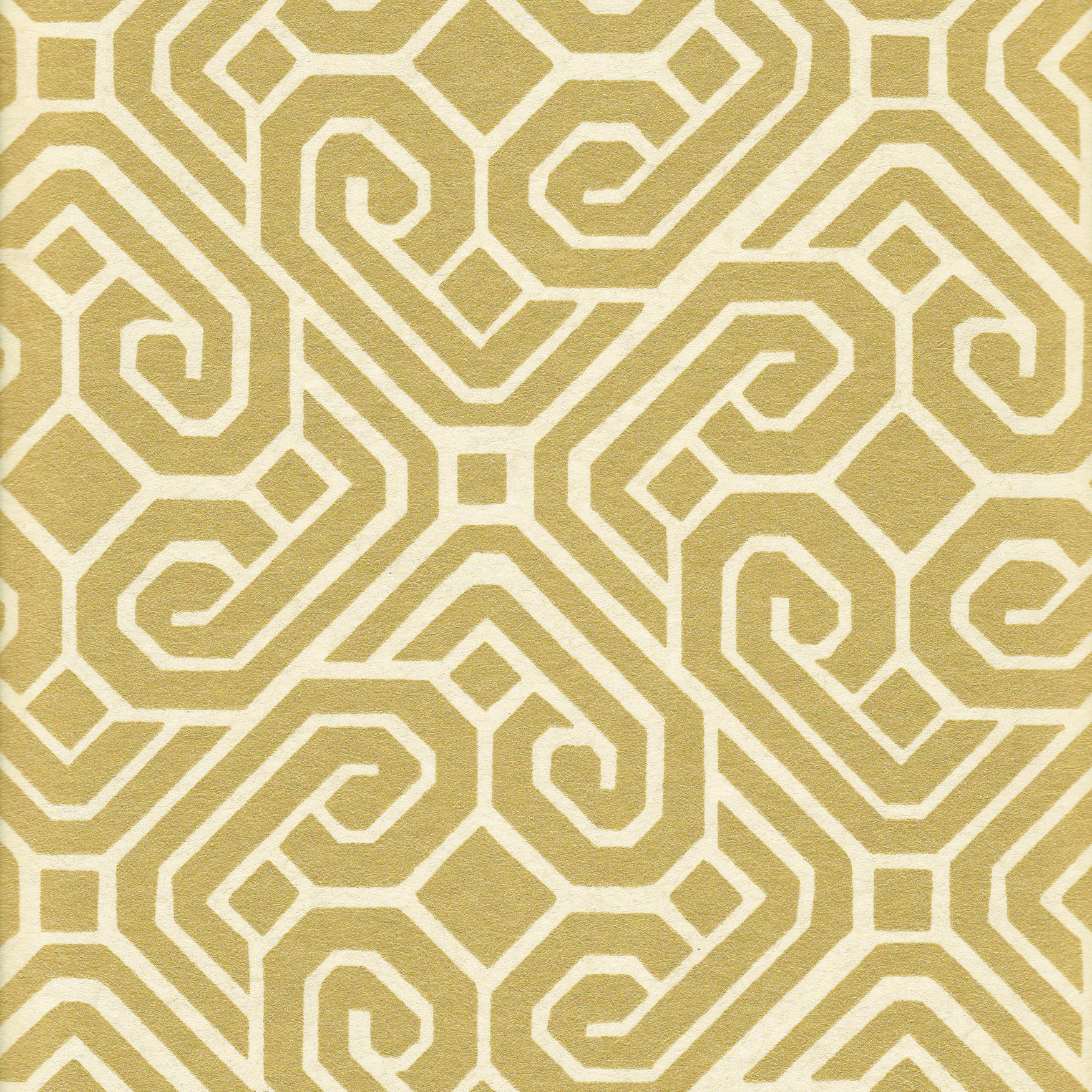 Detail of wallpaper in a geometric lattice print in gold on a cream field.