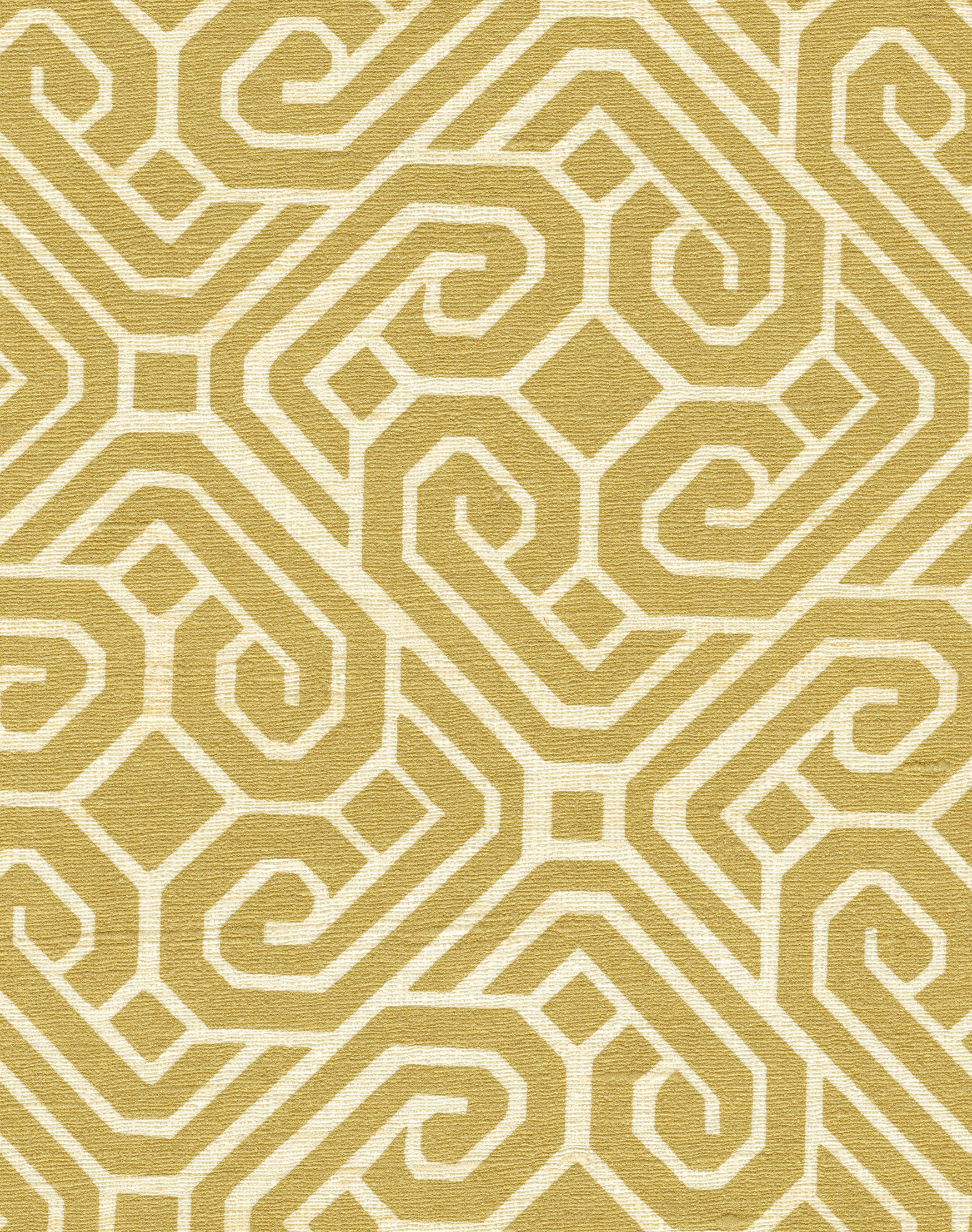 Detail of fabric in a geometric lattice print in gold on a cream field.