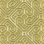 Detail of wallpaper in a geometric lattice print in gold and gray on a cream field.