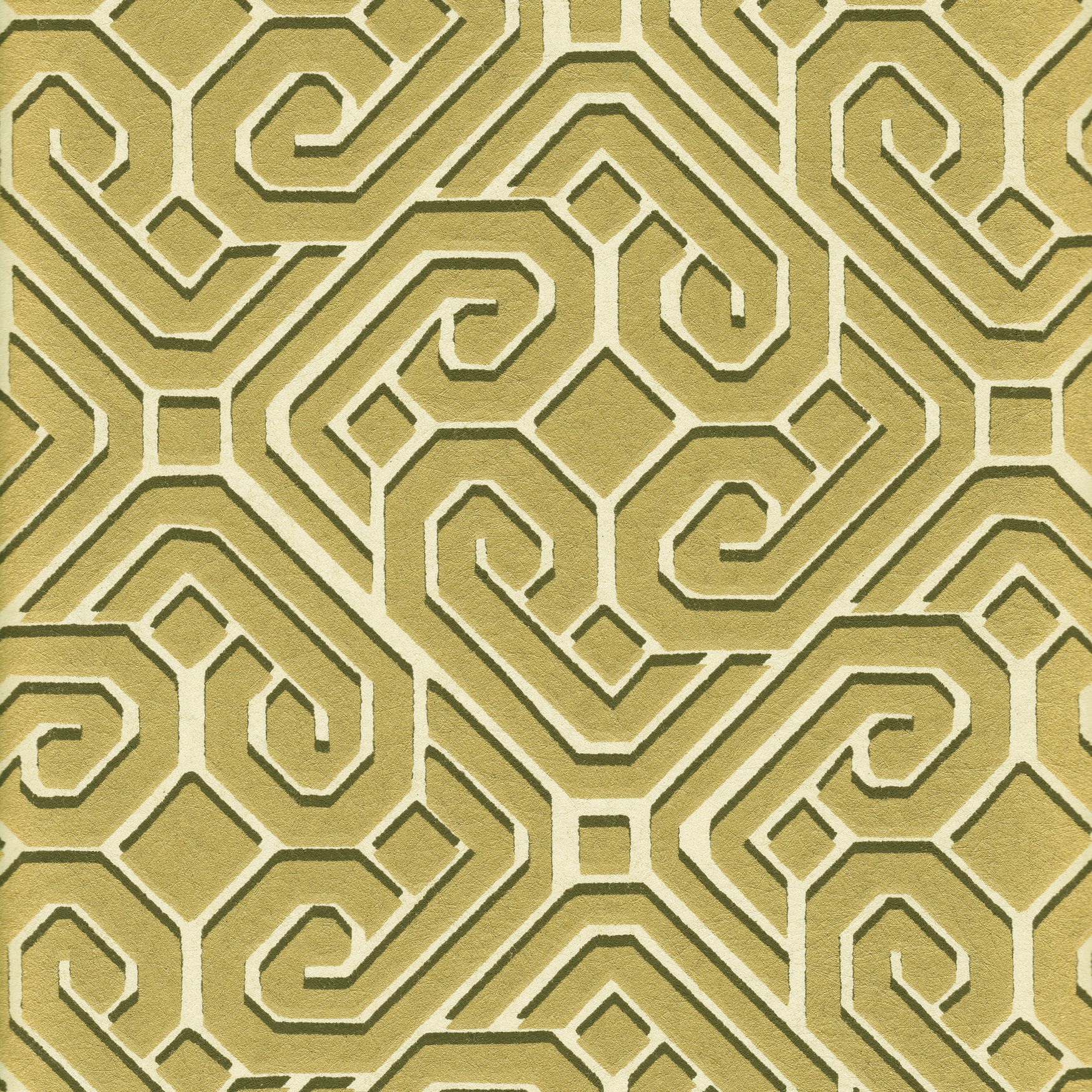 Detail of wallpaper in a geometric lattice print in gold and gray on a cream field.