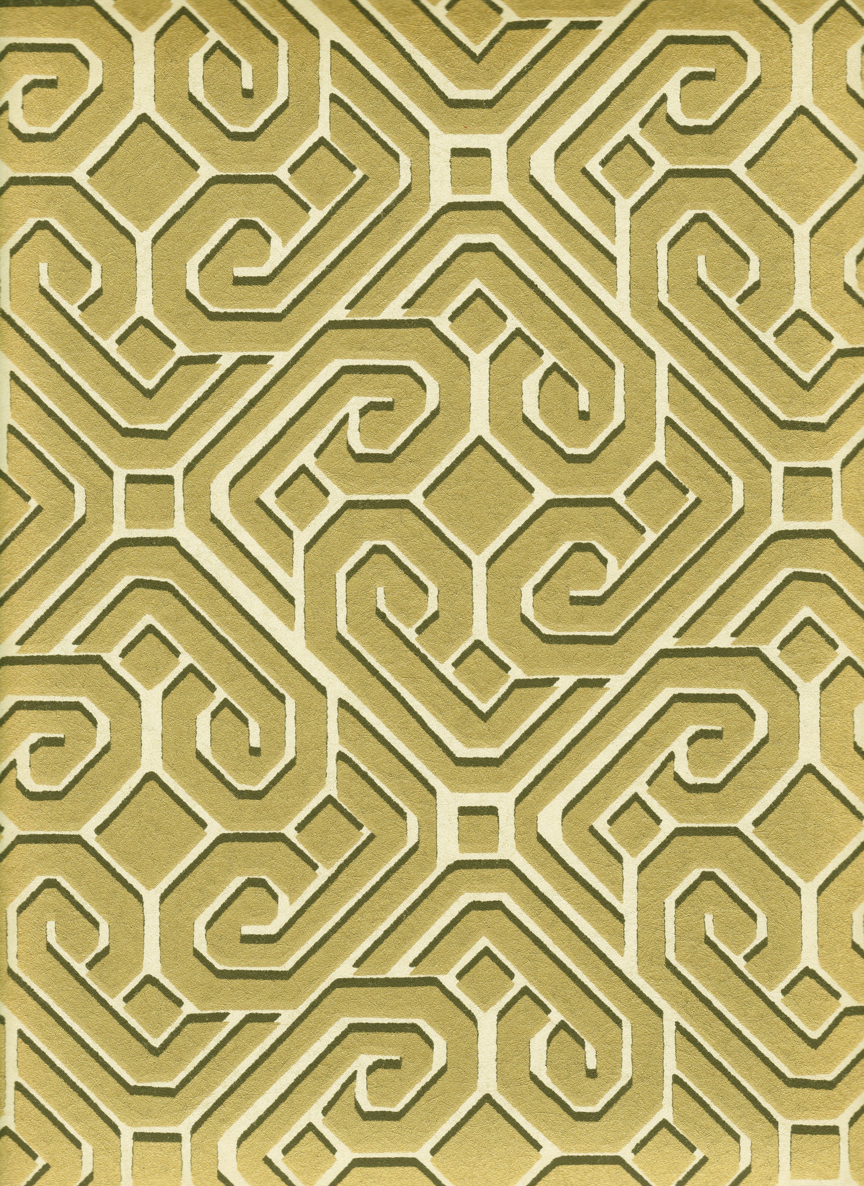 Detail of wallpaper in a geometric lattice print in gold and gray on a cream field.